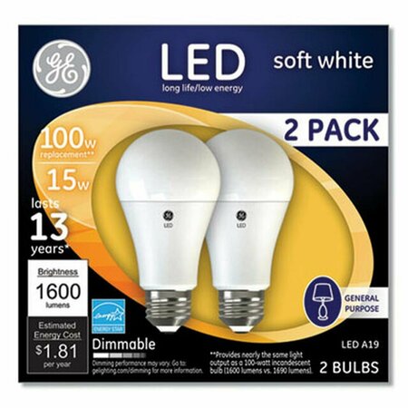 GENERAL ELECTRIC General Electric  100W Dimmable LED A19 Light Bulbs, Soft White, 2PK 93127668